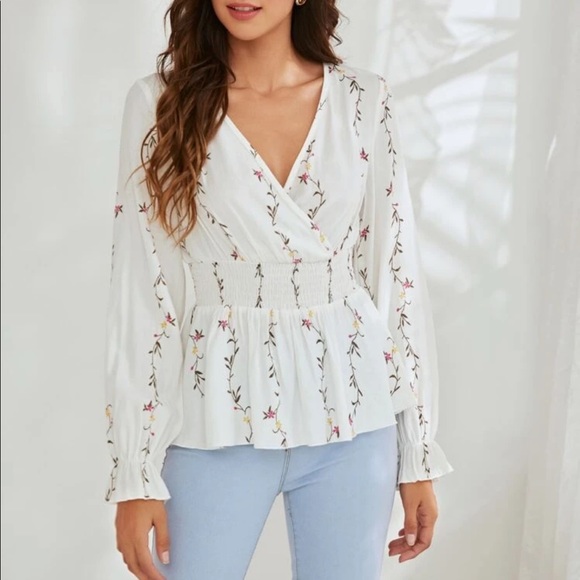 Floral print surplice neck  peplum long sleeve top - Picture 3 of 6